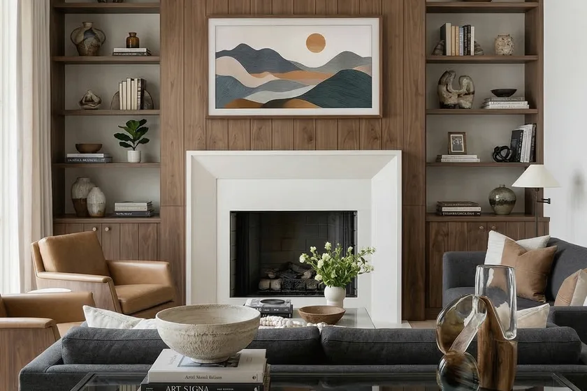 Samsung Frame TV mounted above fireplace with hidden wiring