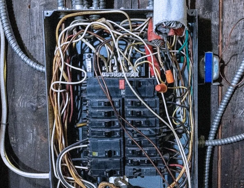 Overcrowded electrical panel with tangled wiring before upgrade