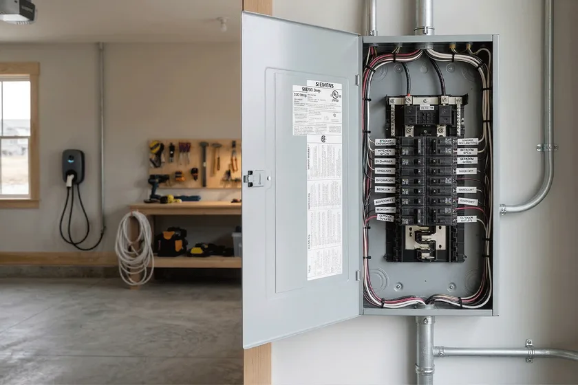 Clean residential electrical panel in garage with EV charger