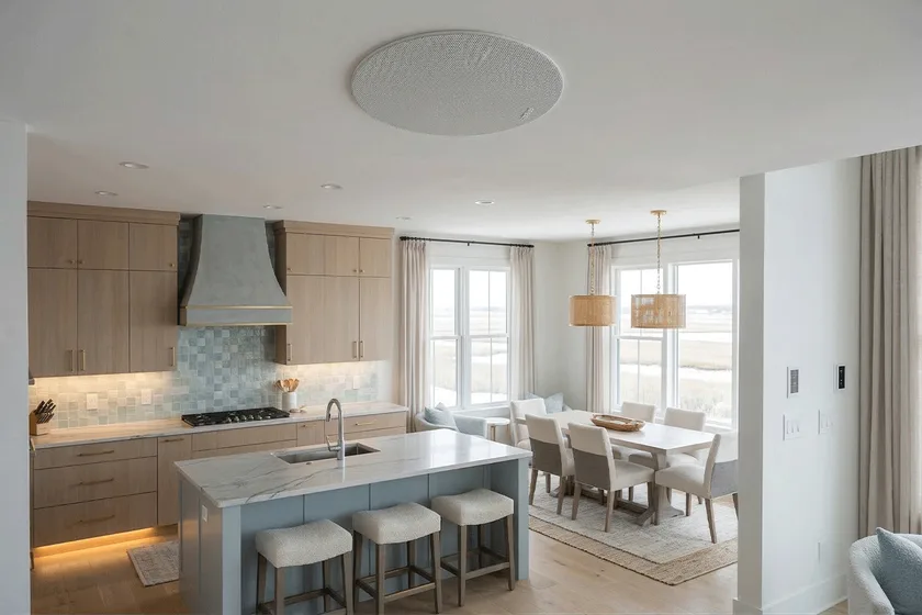 Flush ceiling speaker in modern coastal kitchen